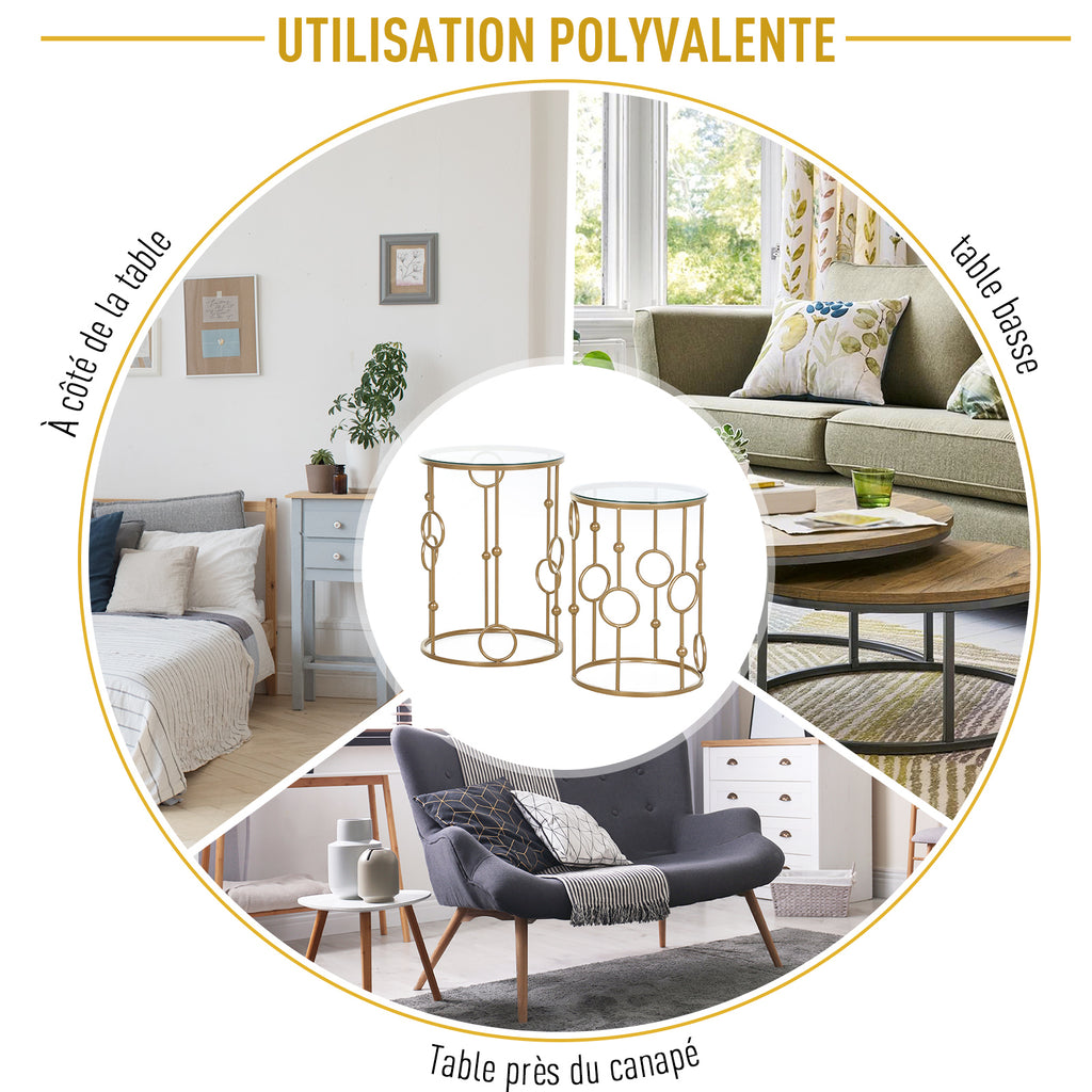 Tables gigognes Lot de 2 Tables Basses Rondes Design Style Art déco Ø 41 et Ø 36 cm métal doré Verre trempé 5 mm-6