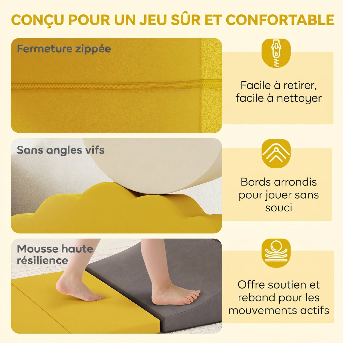Parcours motricité bébé blocs mousse éducatifs modulables 7 pièces housse lavable en velours base antidérapante jaune-4