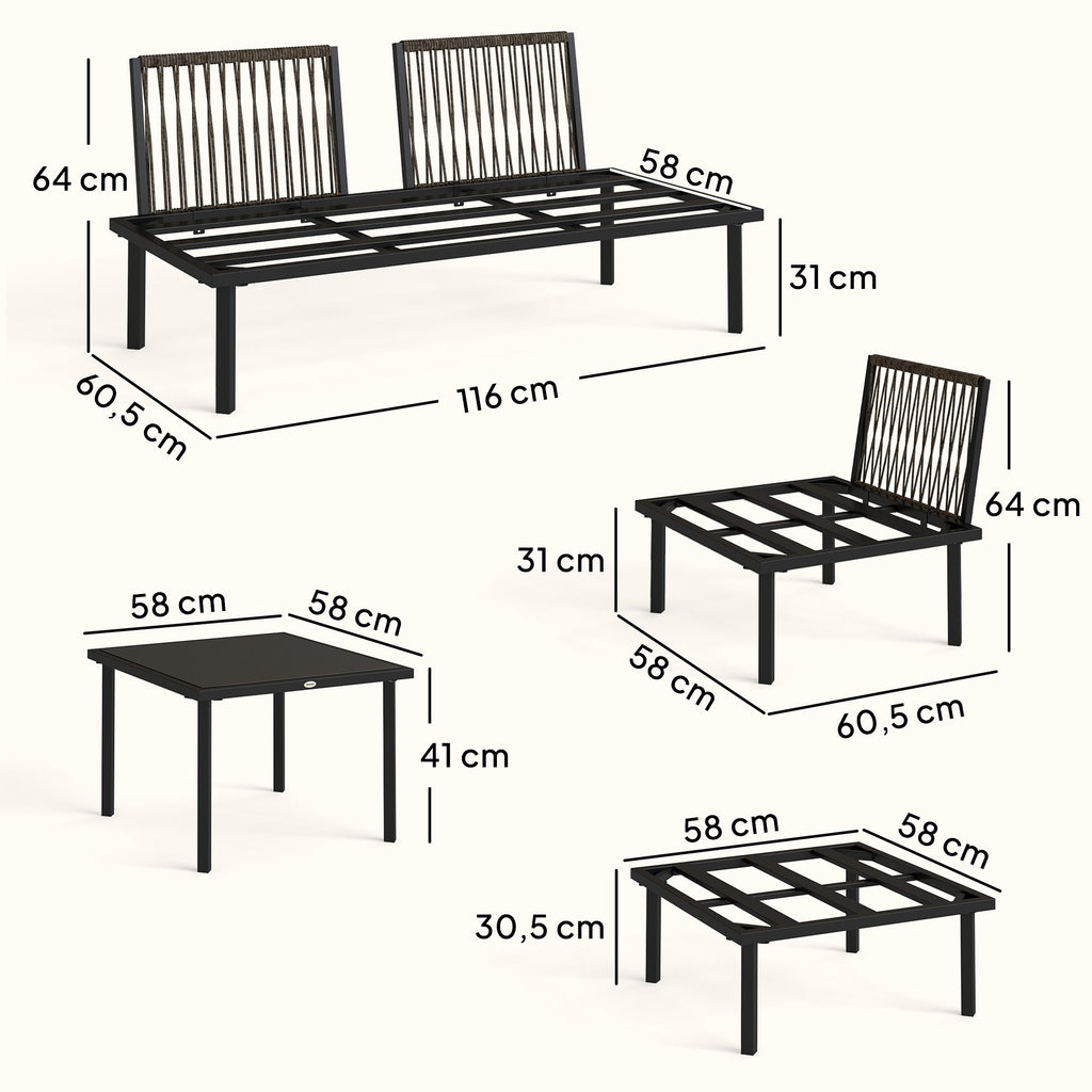 Salon de jardin extérieur d'angle modulable 6 personnes, table basse avec plateau en verre trempé, gris clair-2