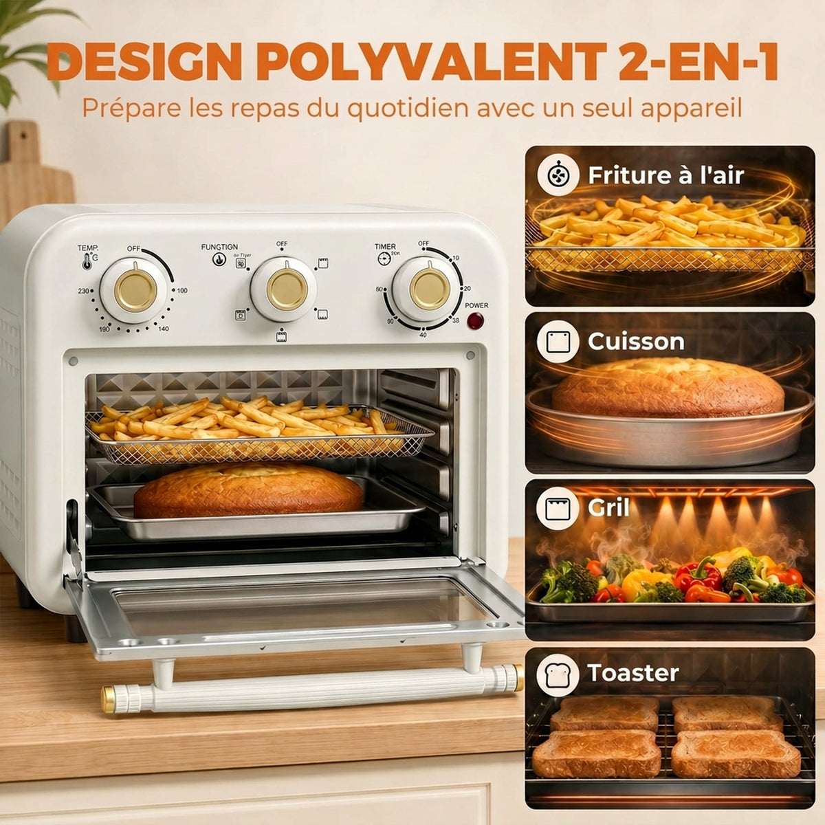 Four Friteuse à Air Chaud 12L, Four à Air Chaud Convection 1200 W avec Plaque de Cuisson, Panier de Friture, Crème-4