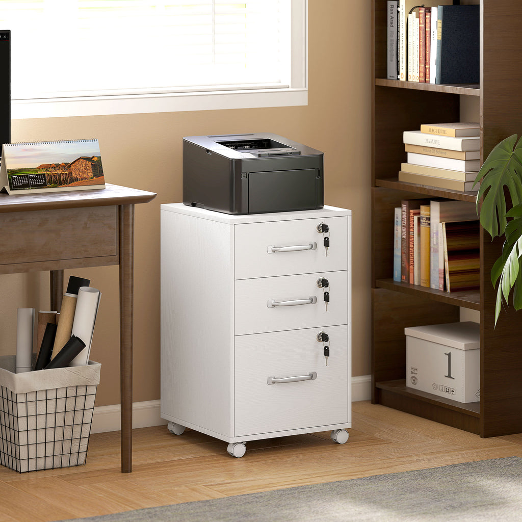 Caisson de Bureau Mobile avec 3 Tiroirs Verrouillables, Caisson de Rangement sur Roulettes, 40 x 40 x 69,5 cm, Blanc-1
