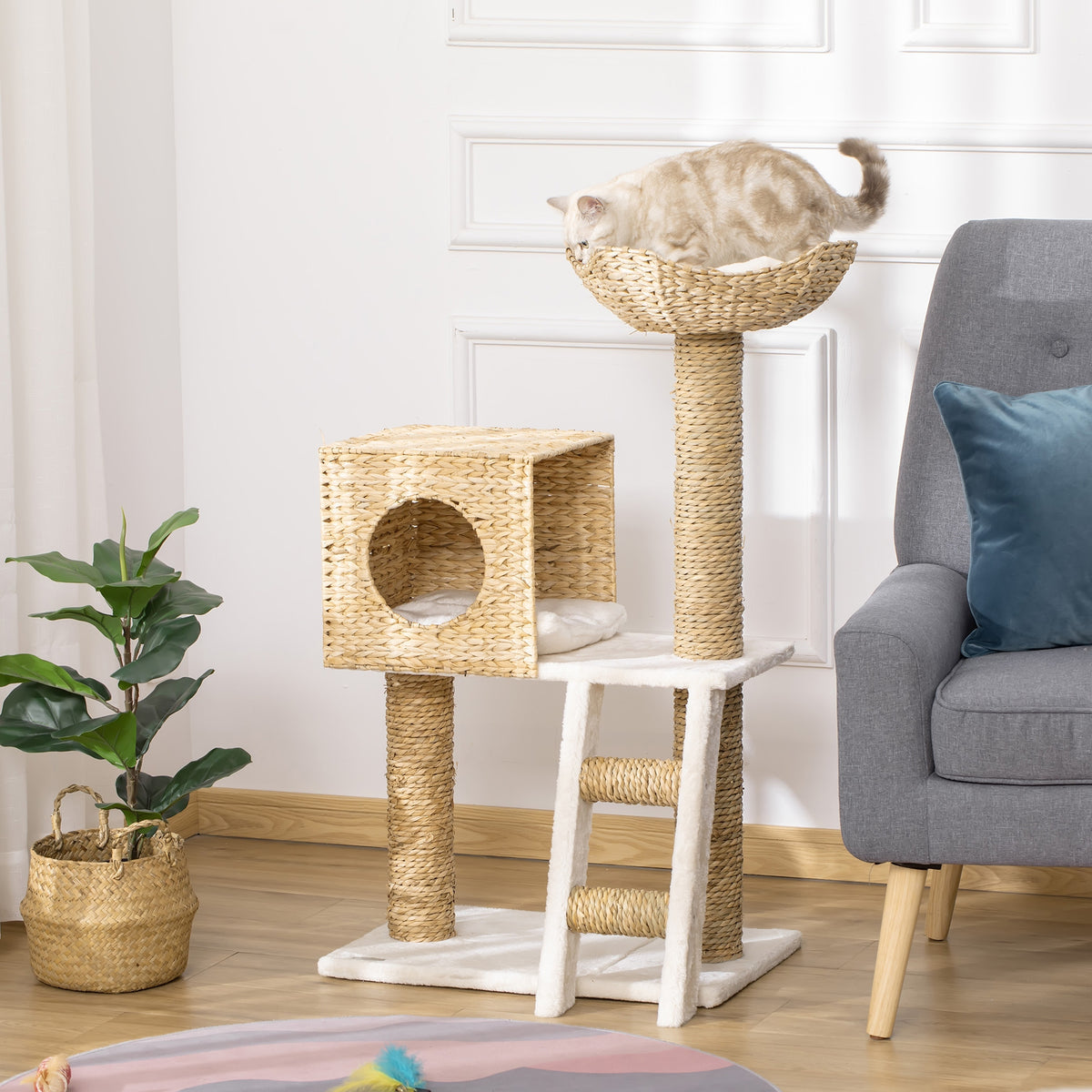 Arbre à chat arbre à grimper griffoir pour chat hauteur 100,5 cm avec coussins et échelle centre d'activités poteaux en quenouille-1