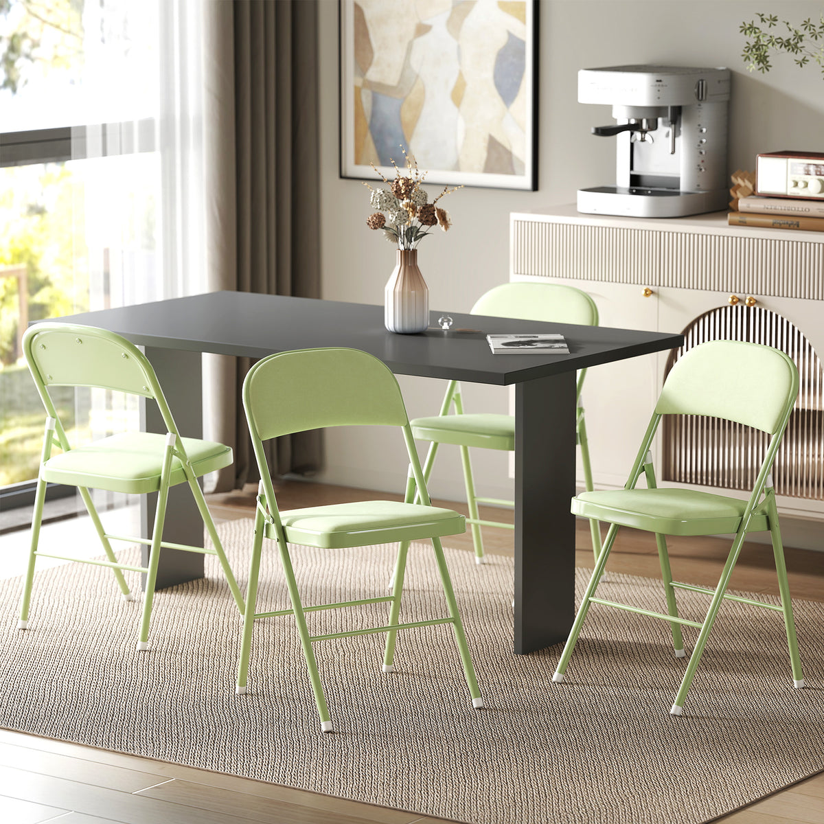 Lot de 4 chaises pliantes et portables intérieur avec assises et dossiers rembourrés en velours, cadre en acier, vert-1