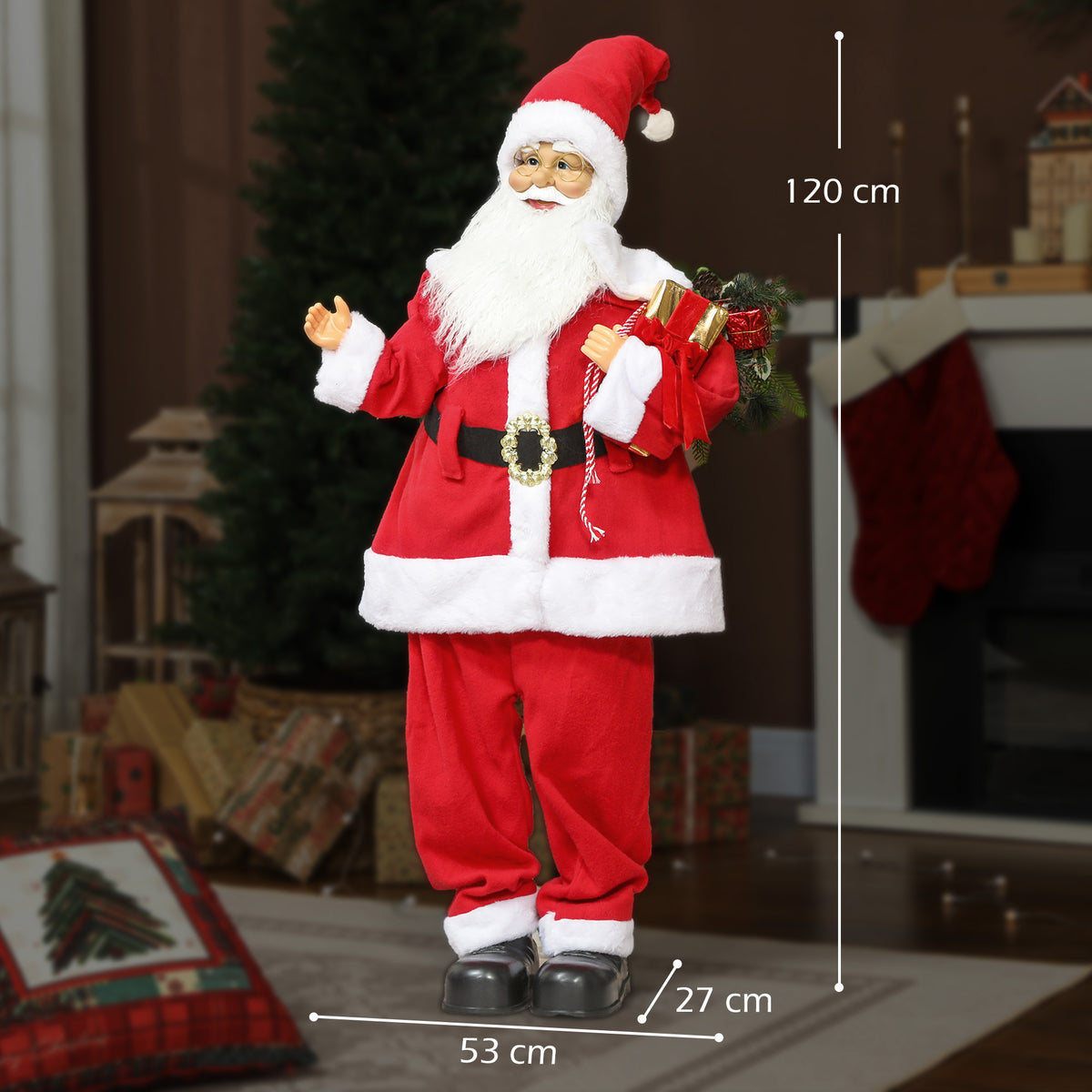 Figurine de Père Noël, debout de Père Noël, commande vocale, lumières LED scintillantes, bras pliables, 120 cm, rouge-2