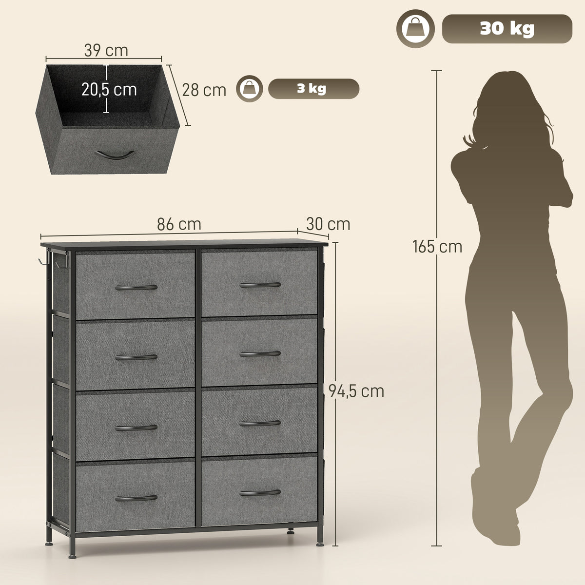 Commode 8 tiroirs en tissu, meuble de rangement avec 4 poches, 2 crochets, structure en acier, 86 x 30 x 94,5 cm, gris-2