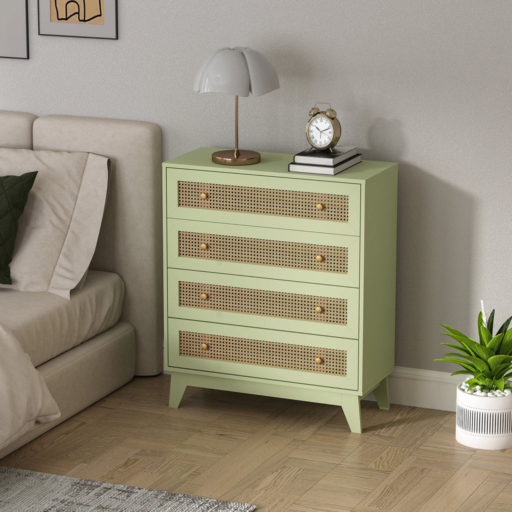 Commode 4 tiroirs meuble de rangement cannage en rotin aspect bois clair 80 x 35 x 95 cm vert-8