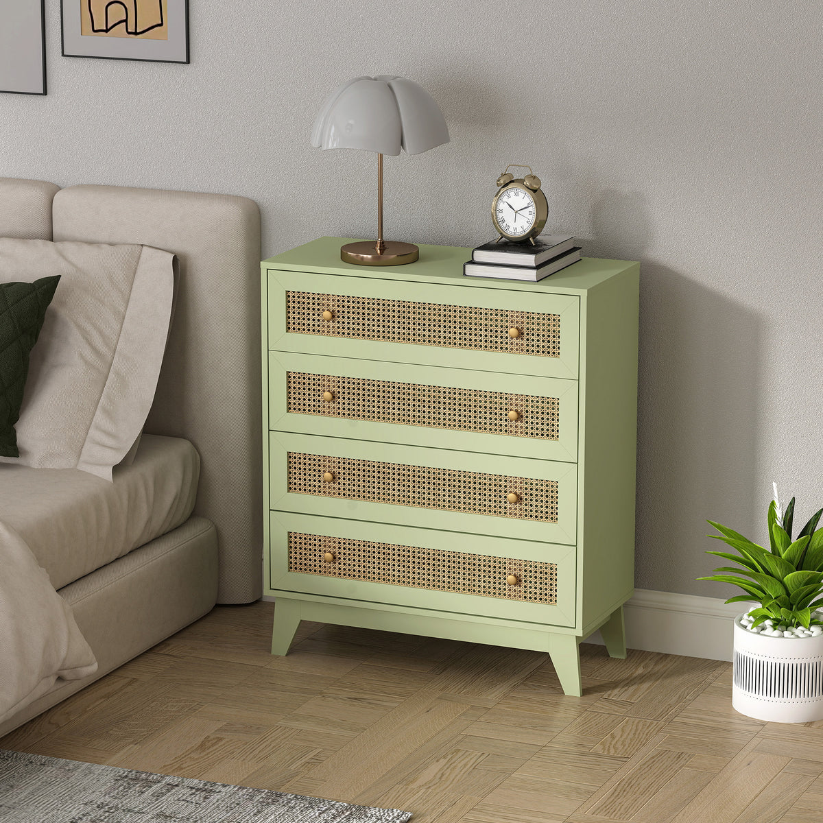 Commode 4 tiroirs meuble de rangement cannage en rotin aspect bois clair 80 x 35 x 95 cm vert-8