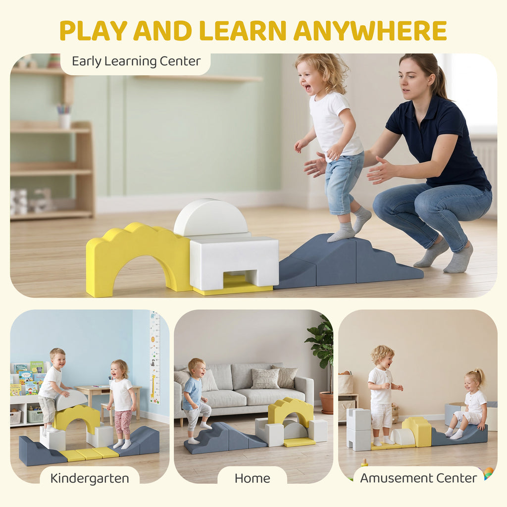 Parcours motricité bébé blocs mousse éducatifs modulables 7 pièces housse lavable en velours base antidérapante jaune-7