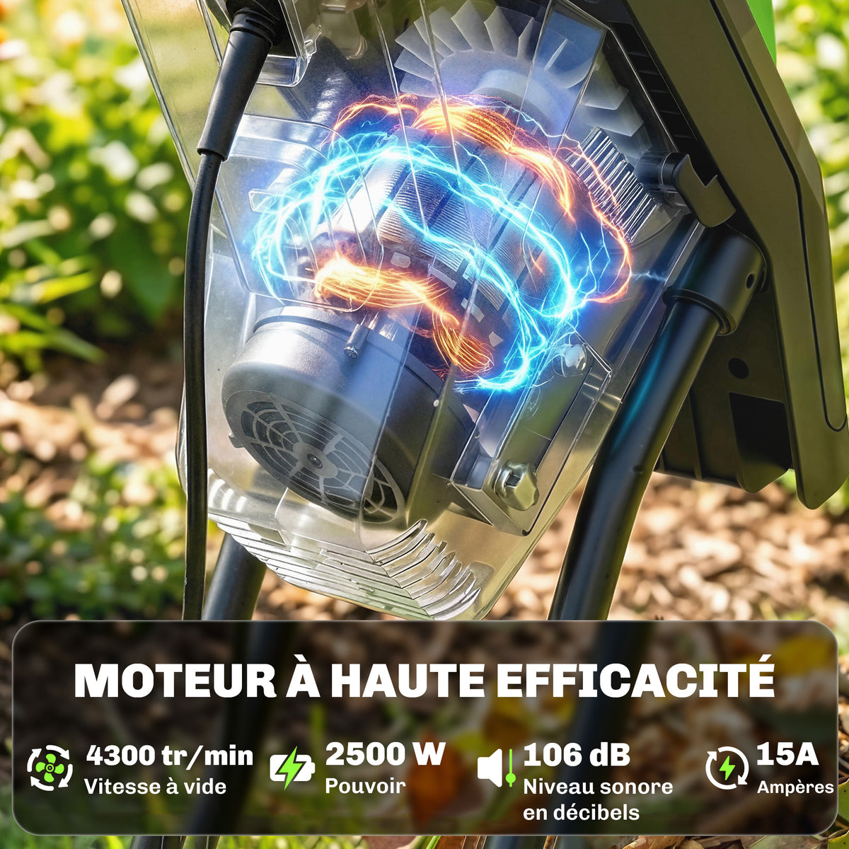 Broyeur de Végétaux Électrique 2500 W, Broyeur de Branches avec Sac de Collecte 45L, 4300 tr/min, 44x34x96cm, Vert-3