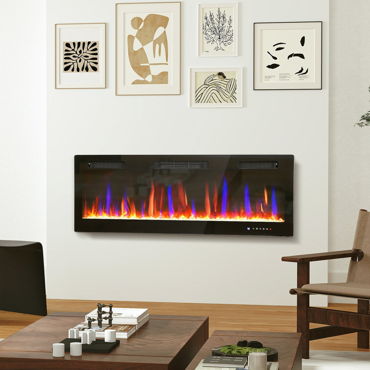 Cheminée électrique mural ou encastrable 900W/1800W, effet flamme à 12 couleurs 5 luminosités, 127 x 9,4 x 47 cm, noir-1