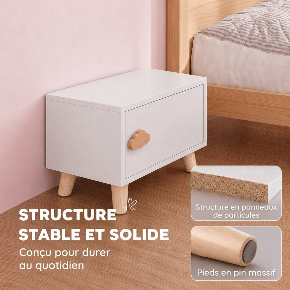 Table de Chevet Enfant avec Tiroir, Poignée en Forme de Nuage, pour Chambre d'Enfant, 34 x 31 x 25 cm, Blanc-6