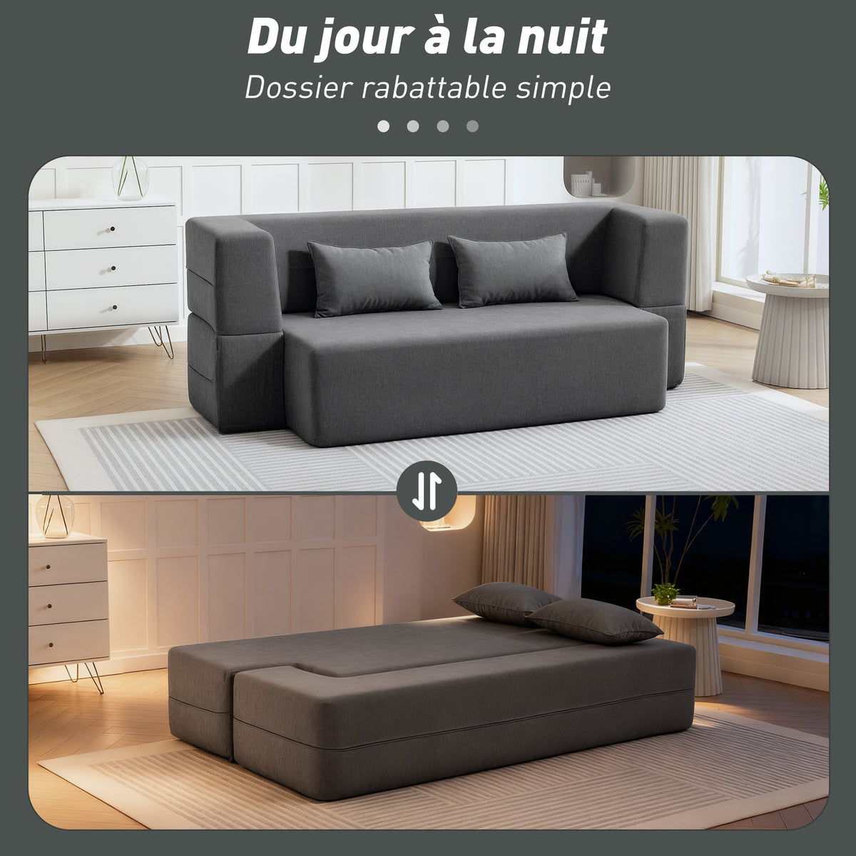 Canapé convertible 2 places, canapé-lit en chenille, assise et accoudoirs larges 2 coussins, entièrement compressé, gris-3