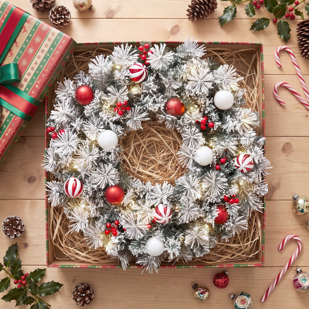 Couronne de Noël Lumineuse 60 cm Enneigée Floquée avec 50 LED, 15 Boules Décoratives, 140 Branches, 8 Modes, Vert-7