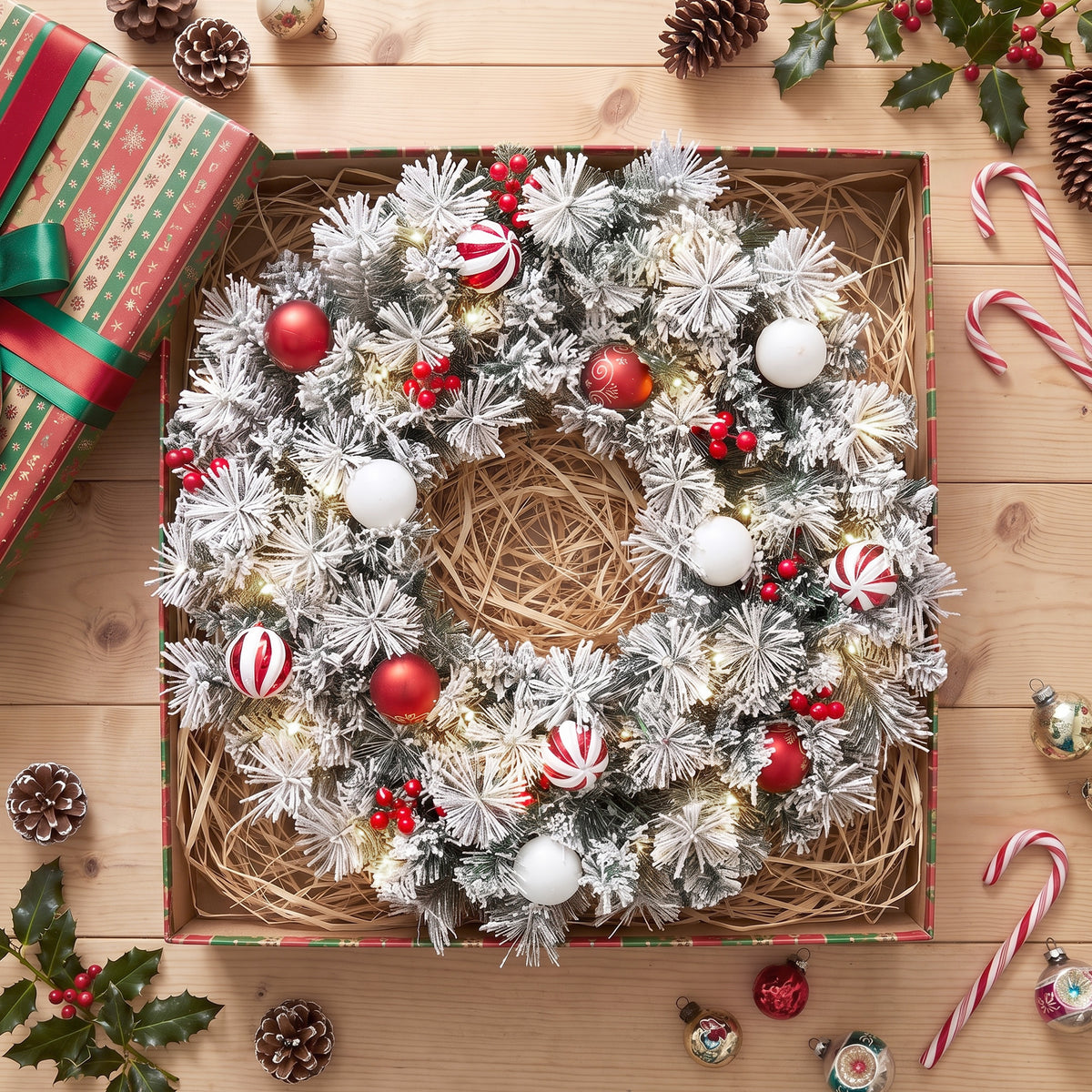 Couronne de Noël Lumineuse 60 cm Enneigée Floquée avec 50 LED, 15 Boules Décoratives, 140 Branches, 8 Modes, Vert-7
