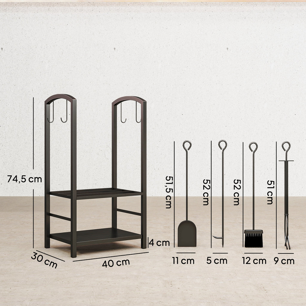 Porte bûches - Range bûches Serviteur de cheminée - Multi Accessoires 2 étagères 40L x 30l x 75H cm métal Noir-2