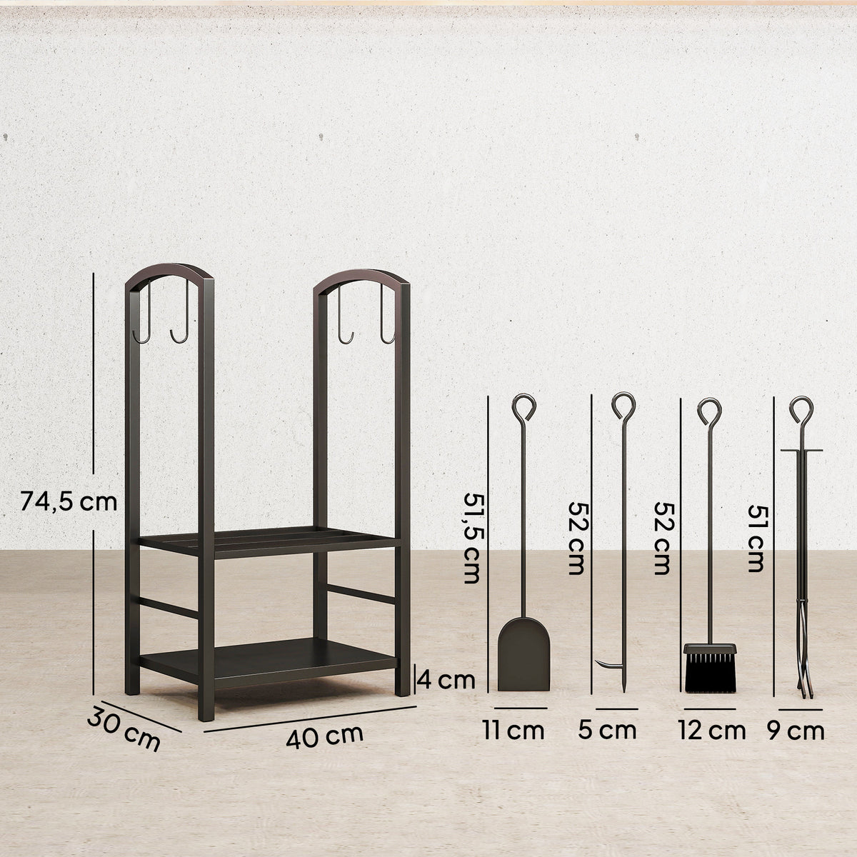 Porte bûches - Range bûches Serviteur de cheminée - Multi Accessoires 2 étagères 40L x 30l x 75H cm métal Noir-2