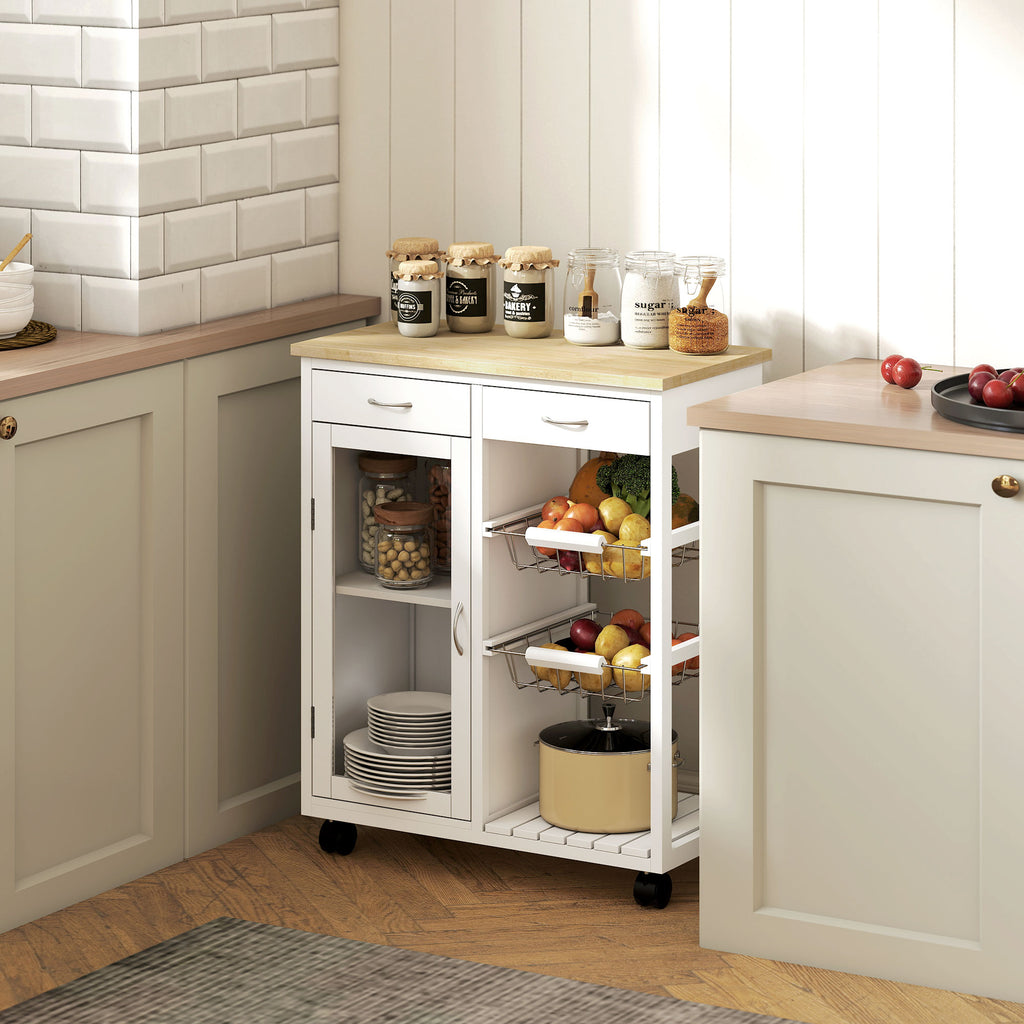 Desserte de cuisine à roulettes, îlot central cuisine avec plateau en bambou, porte vitrée, 67 x 35 x 80 cm, blanc-7