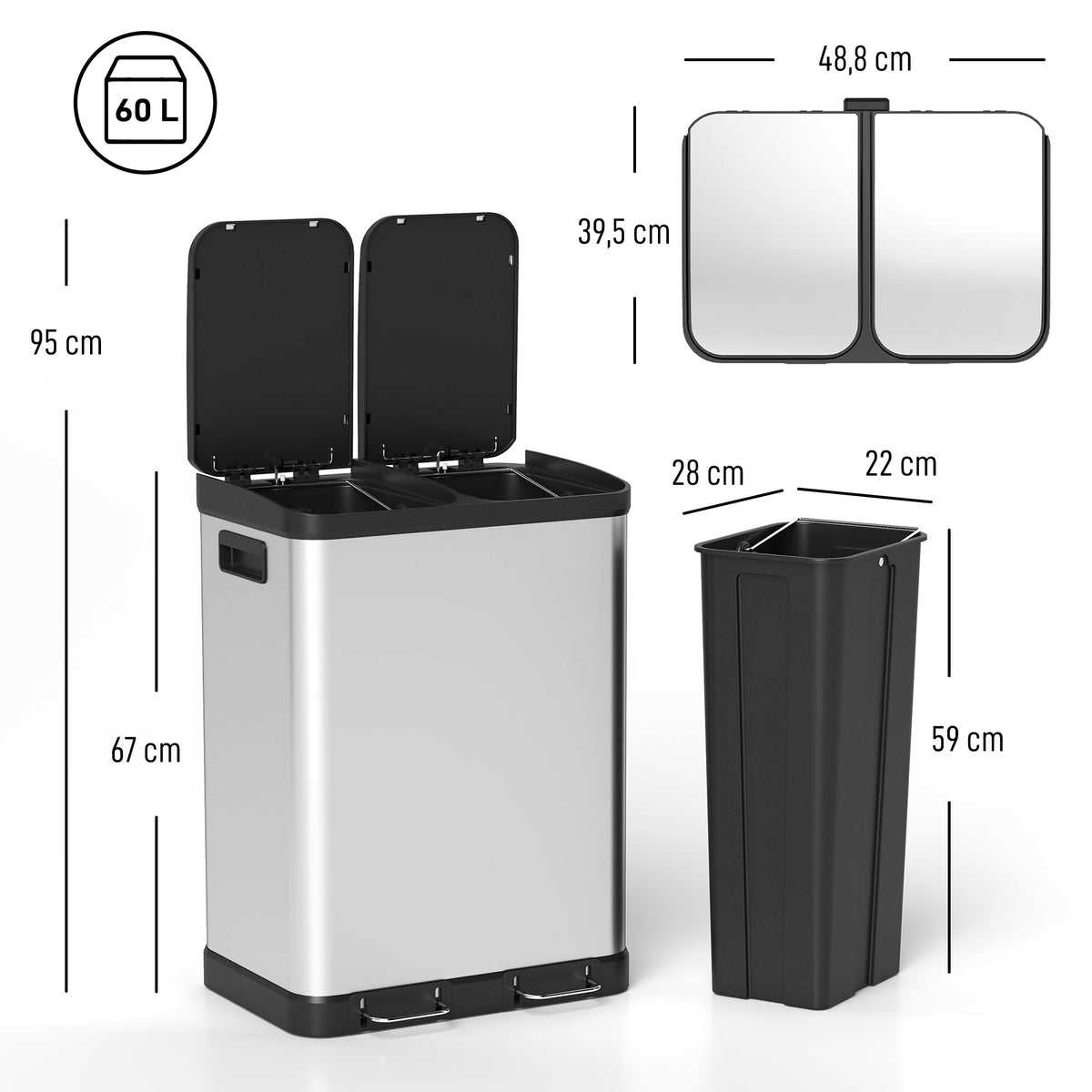 Poubelle de cuisine à double compartiment 2 x 30L avec pédale en acier inoxydable, couvercle à fermeture douce, argent-2