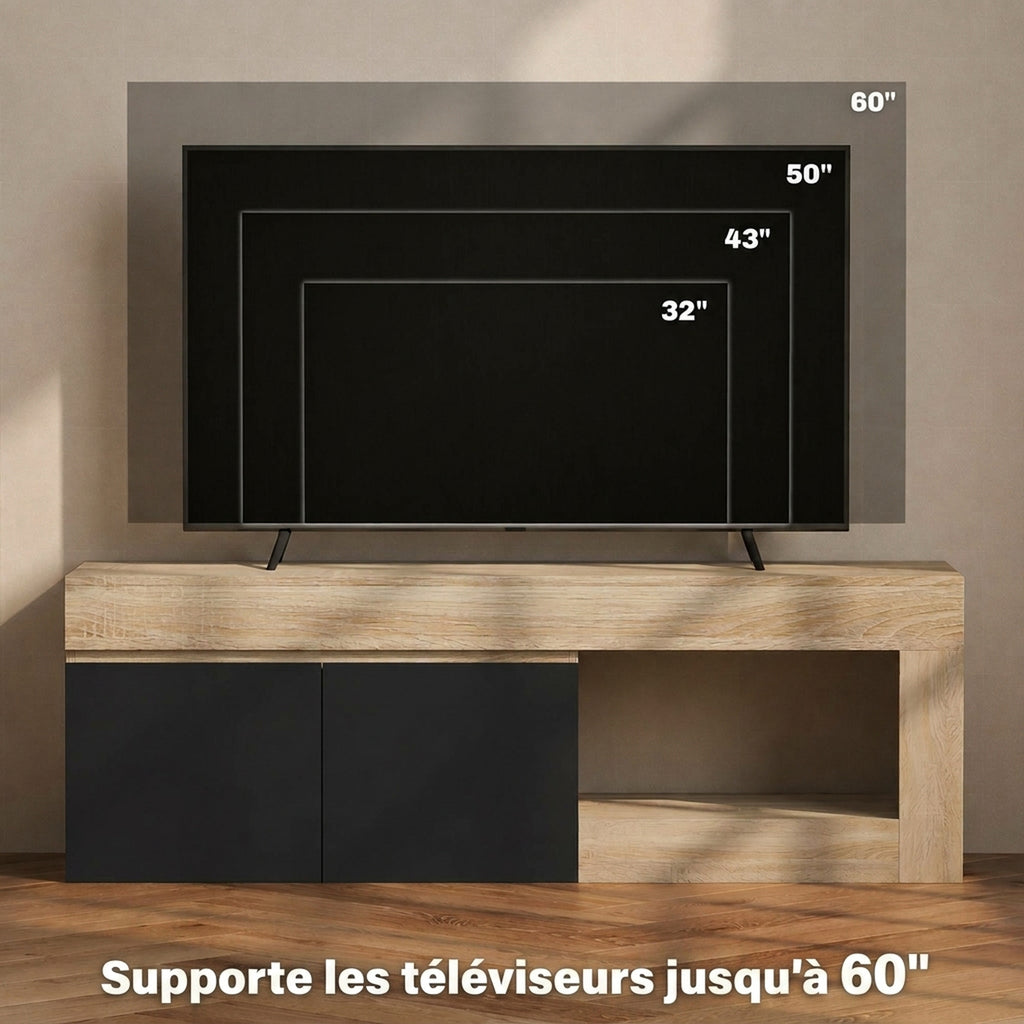 Meuble TV 2 portes pour téléviseurs jusqu'à 60 pouces, meuble télé avec placard et étagère ouverte, noir-6