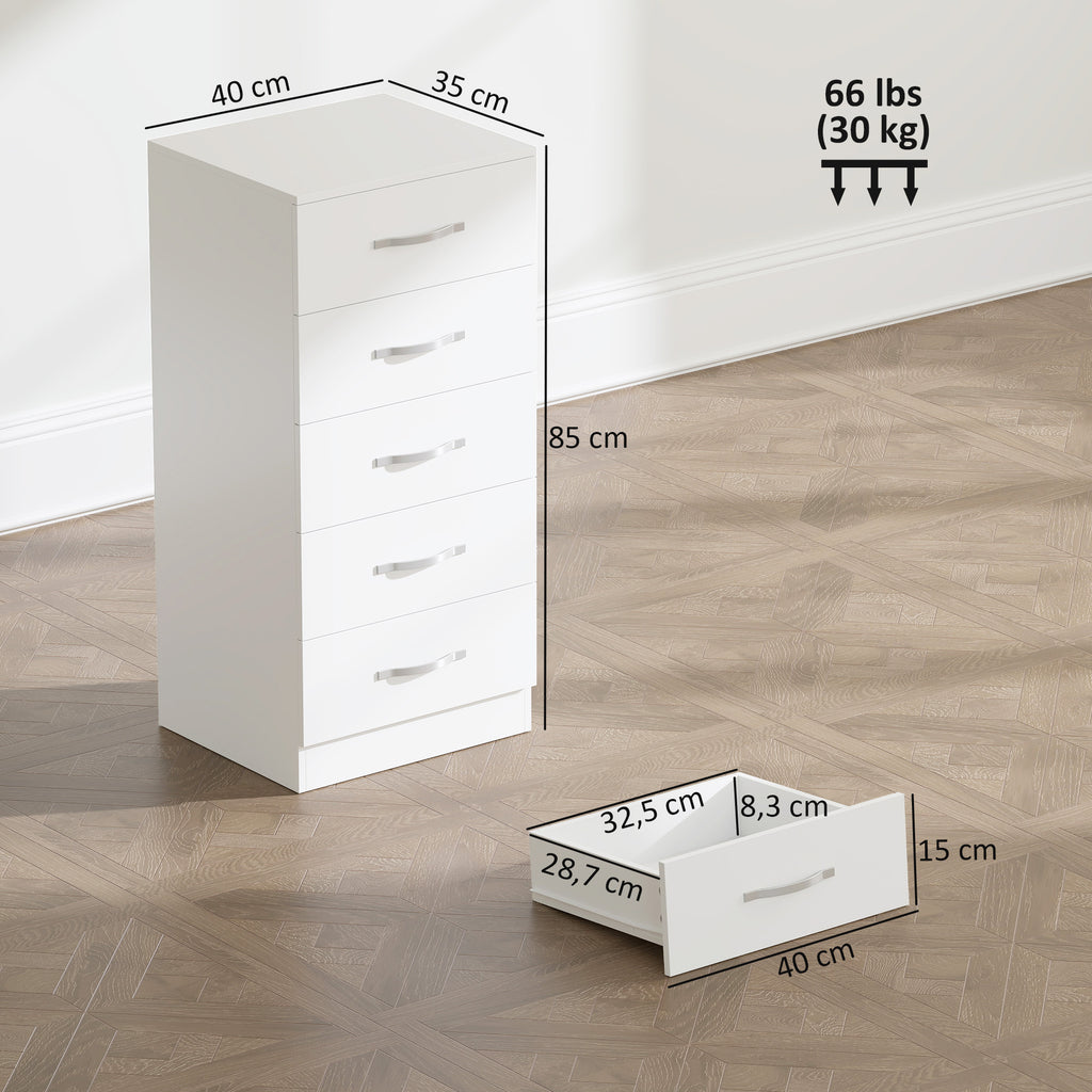 Commode 5 tiroirs, meuble de rangement étroit, style moderne, pour chambre à coucher, salon, couloir, 40x35x85cm, blanc-2
