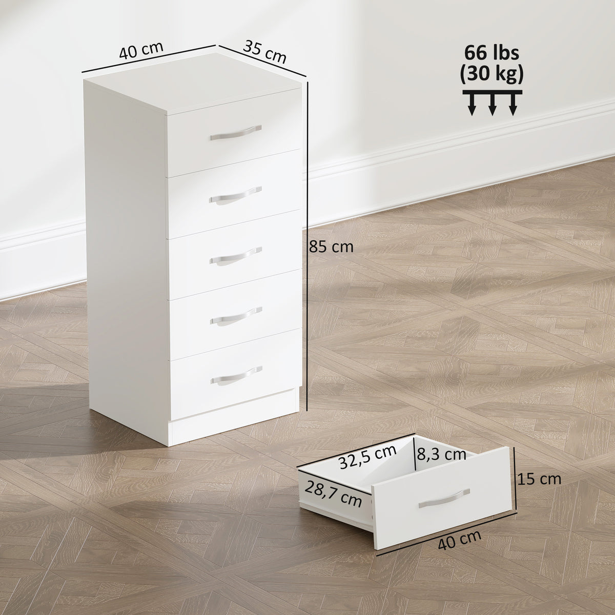 Commode 5 tiroirs, meuble de rangement étroit, style moderne, pour chambre à coucher, salon, couloir, 40x35x85cm, blanc-2