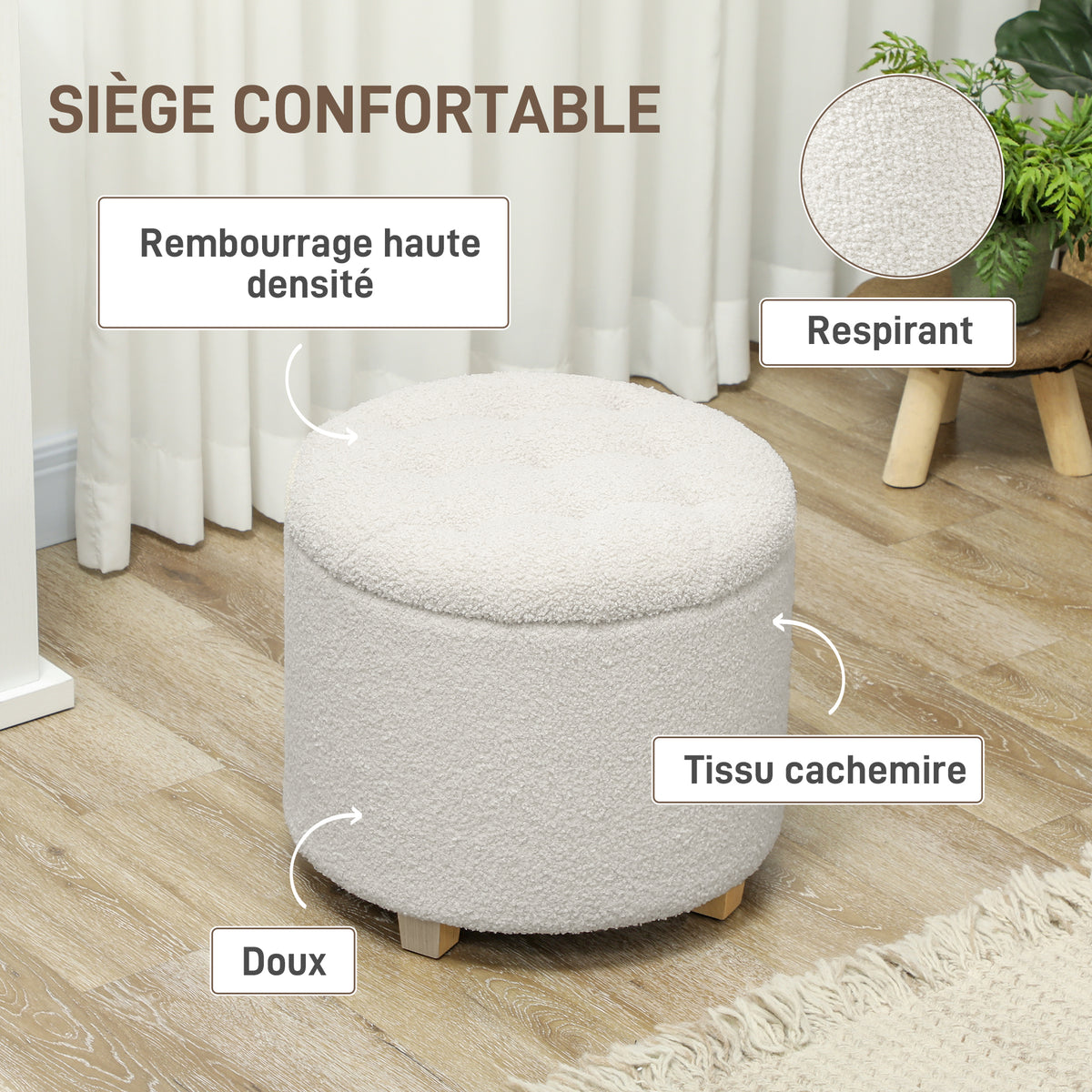 Pouf coffre rangement, tabouret rond, pouf repose-pieds en tissu bouclette, charge 120 Kg, Ø 45 x 41 cm, blanc-4