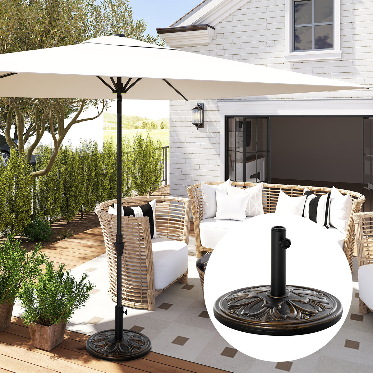 Pied de parasol rond base de lestage Ø 48 x 34H cm ciment HDPE motif fleurs de lys poids net 13 Kg noir doré-1
