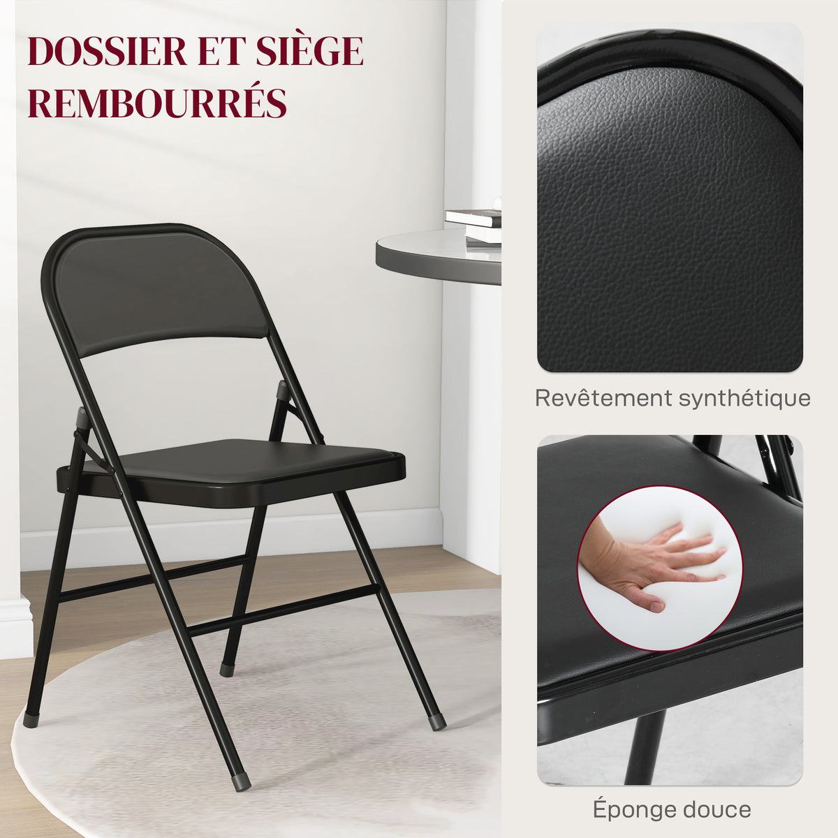 Lot de 2 chaises pliantes chaises de salle à manger portables cadre en acier dim. 45l x 46P x 78H cm noir-3