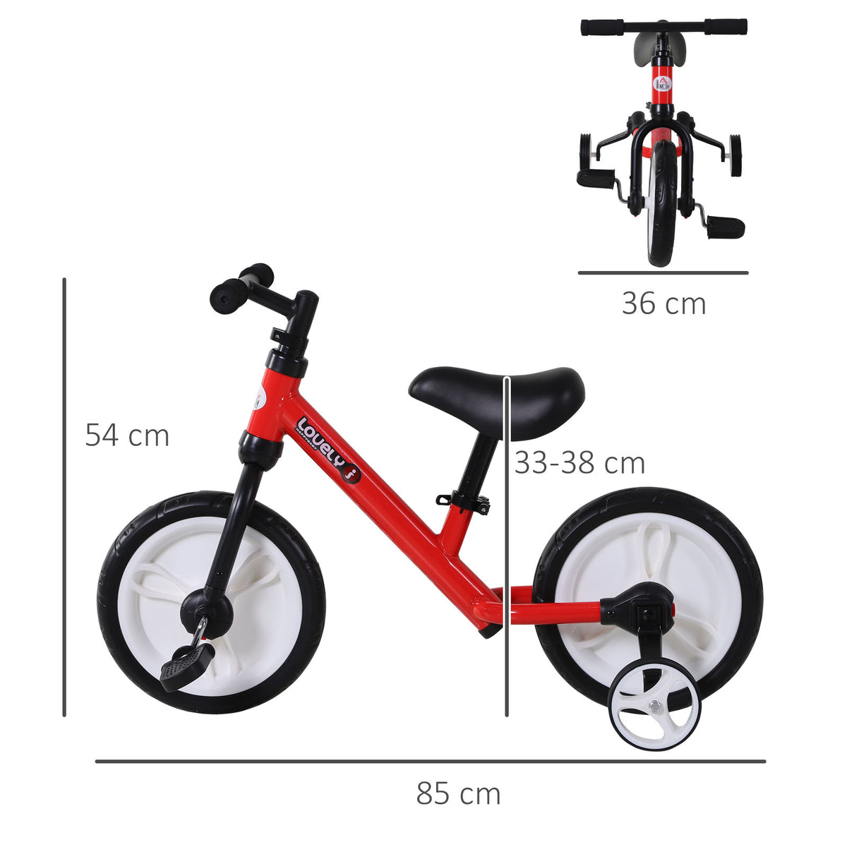 Vélo Enfant draisienne 2 en 1 roulettes et pédales Amovibles Roues 12" Hauteur Selle réglable pour enfants de 2 à 5 ans Acier Rouge-2