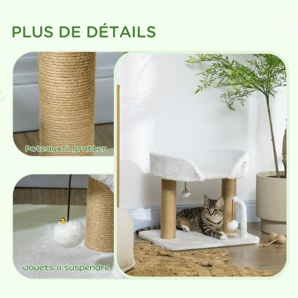 Arbre à chat grattoir design avec jeu 2 pompons suspendus 2 poteaux sisal plateforme peluche sisal 48 x 38 x 42 cm beige-4