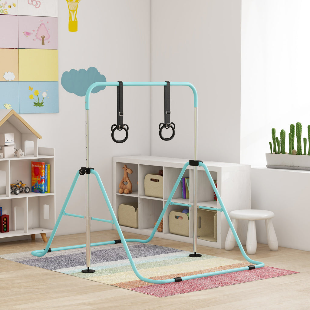 Barre de gymnastique pour enfants, barre horizontale pliable à hauteur réglable avec anneaux de gymnastique, cyan-9