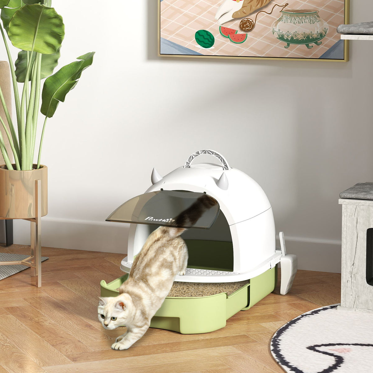 Maison de toilette pour chat bac à litière fermé chat poignée de transport porte translucide 40,5 x 52 x 39 cm vert-1