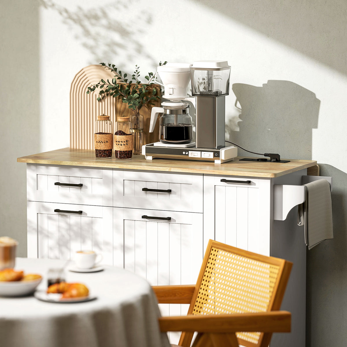 Îlot central cuisine mobile avec prise de courant et port USB, tablette à abattant, étagère réglable blanc-8