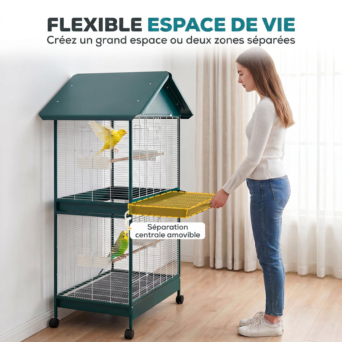 Cage à oiseaux sur roulettes avec séparateur amovible, 4 mangeoires et 2 perchoirs, 2 plateaux coulissants, 94x70x158cm-3