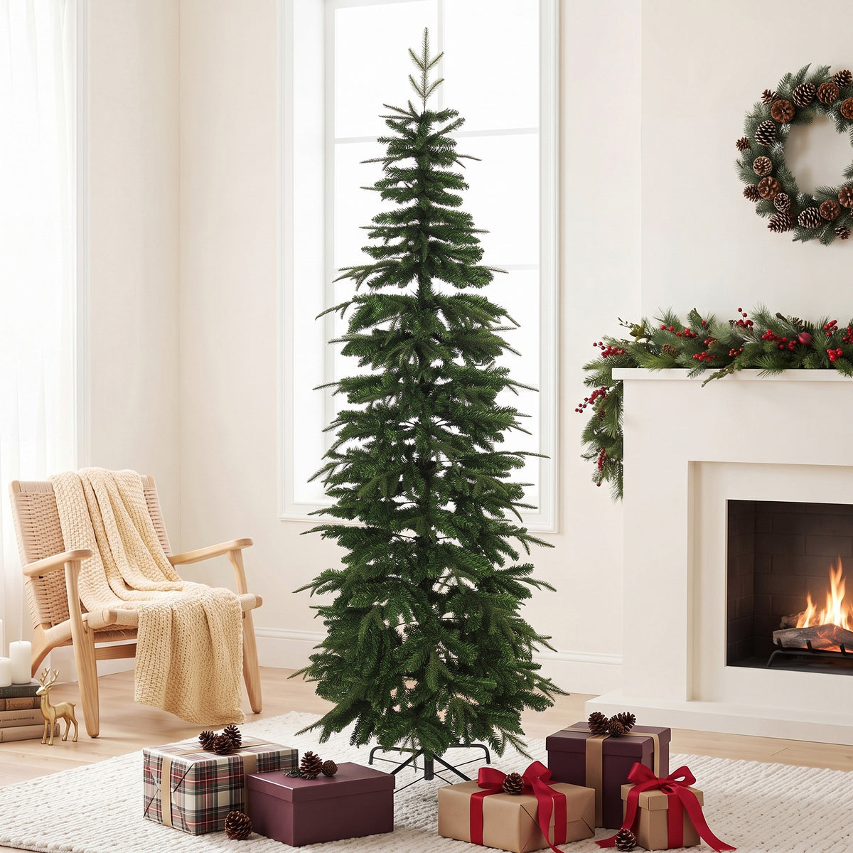 Sapin de Noël Artificiel 210 cm, Branches Articulées en PE et PVC Ignifuges, Support en Acier Pliable, Vert-1