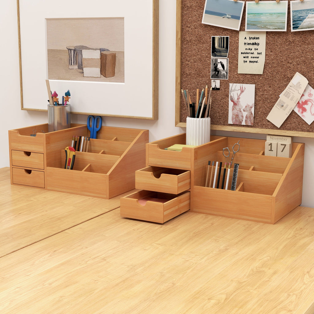 Lot de 2 boîtes de Rangement de Bureau - Organiseur de Bureau - 7 Compartiments, 2 tiroirs - Bambou Verni-1