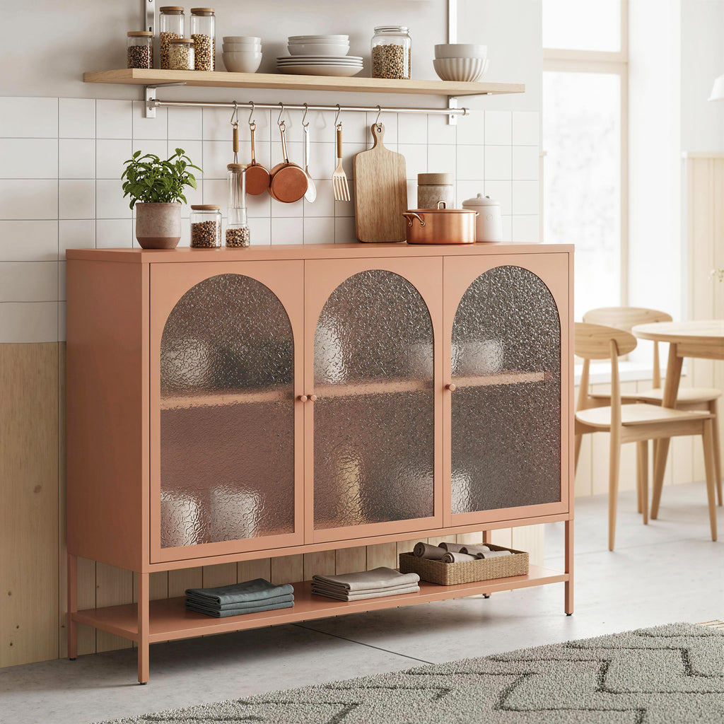 Buffet salon, meuble de rangement avec 3 portes vitrées cintrées et étagère ouverte, 140 x 40 x 105 cm, rouille-7