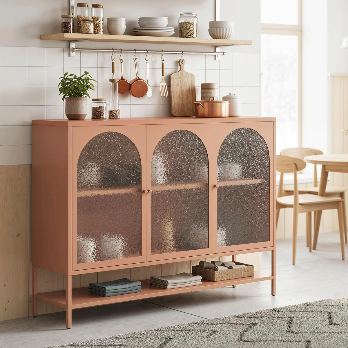 Buffet salon, meuble de rangement avec 3 portes vitrées cintrées et étagère ouverte, 140 x 40 x 105 cm, rouille-7