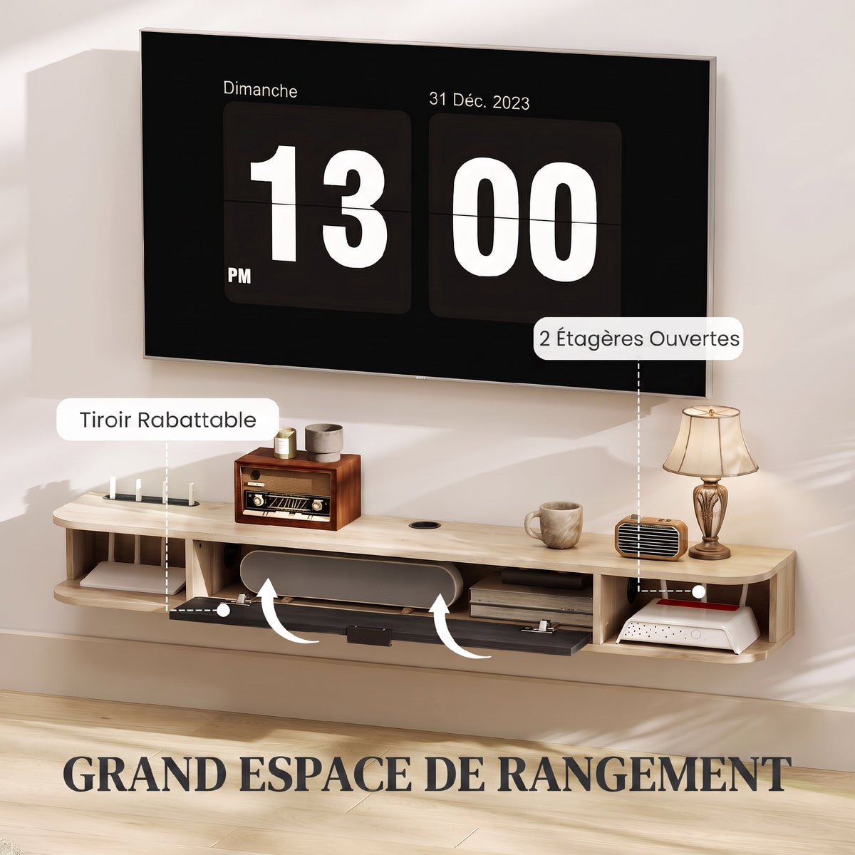 Meuble TV suspendu, meuble télé pour téléviseur jusqu'à 60 pouces, tiroir rabattable 2 étagères 140x24x16cm bois naturel-4