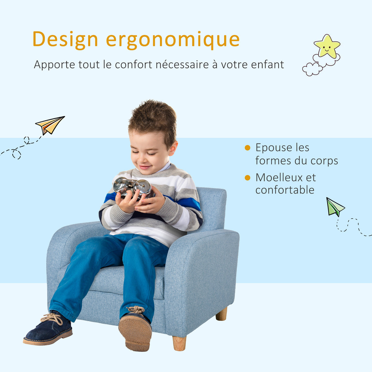 Fauteuil Enfant Design scandinave accoudoirs Assise Dossier garnissage Mousse piètement Bois Caoutchouc Lin Bleu-3