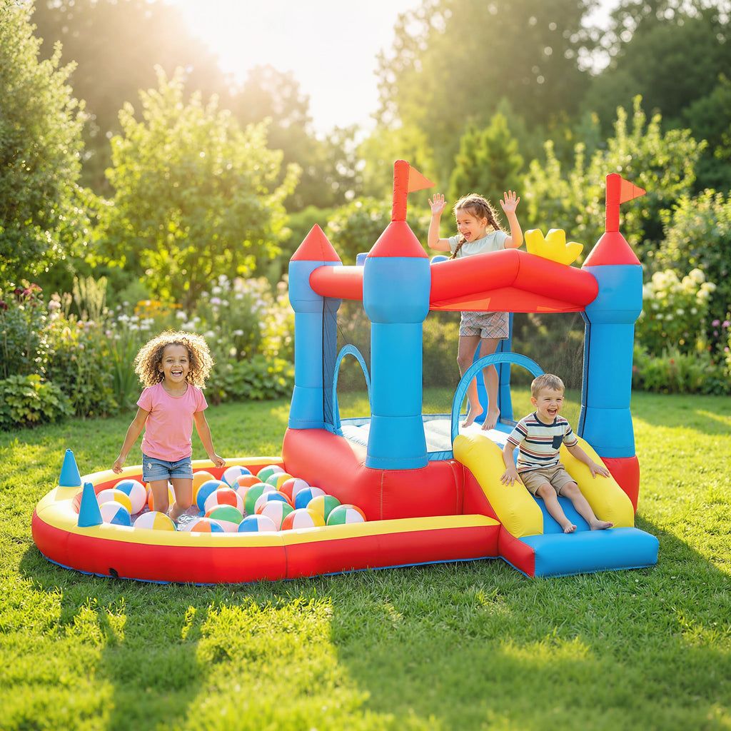 Château gonflable avec souffleur, aire de jeux gonflable avec toboggans, trampoline, piscine à balles, multicolore-9