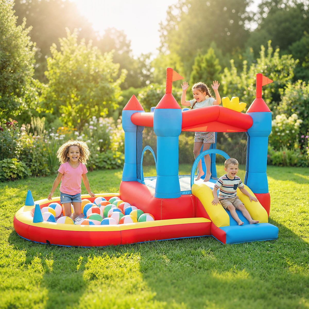 Château gonflable avec souffleur, aire de jeux gonflable avec toboggans, trampoline, piscine à balles, multicolore-9