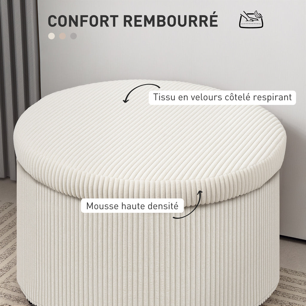 Pouf coffre rangement, tabouret rond, pouf repose-pieds en velours côtelé, charge 120 Kg, Ø 60 x 41 cm, beige-4