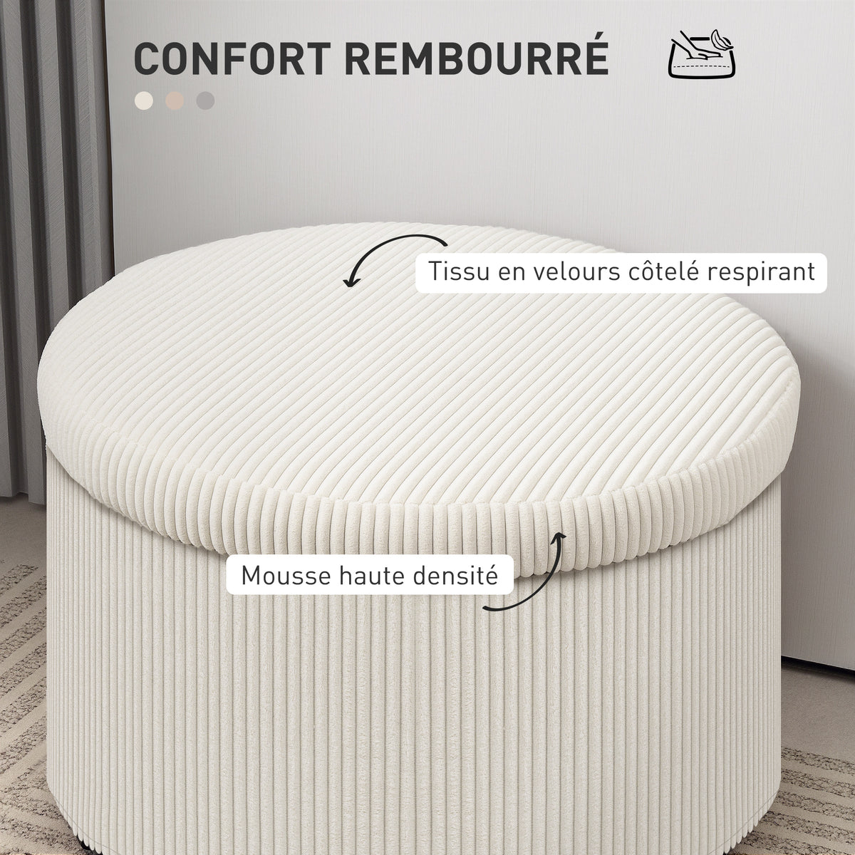 Pouf coffre rangement, tabouret rond, pouf repose-pieds en velours côtelé, charge 120 Kg, Ø 60 x 41 cm, beige-4