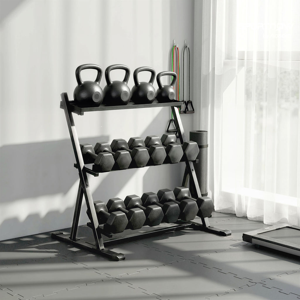 Support pour haltères à 3 niveaux, support de poids réglable en acier pour haltères, kettlebells, noir-1