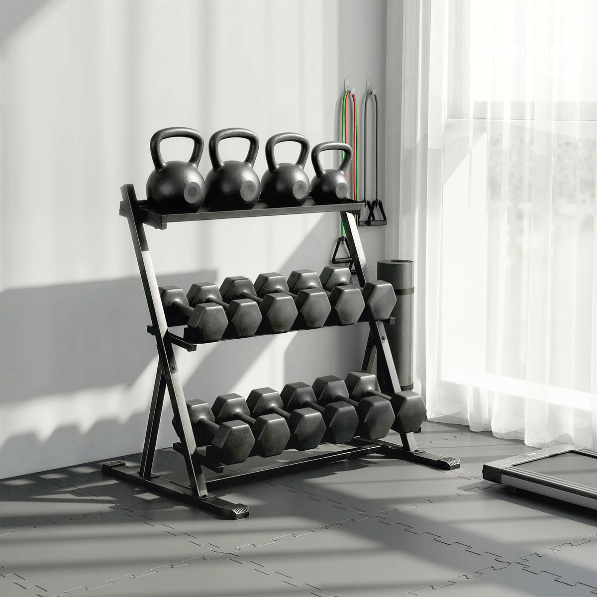Support pour haltères à 3 niveaux, support de poids réglable en acier pour haltères, kettlebells, noir-1