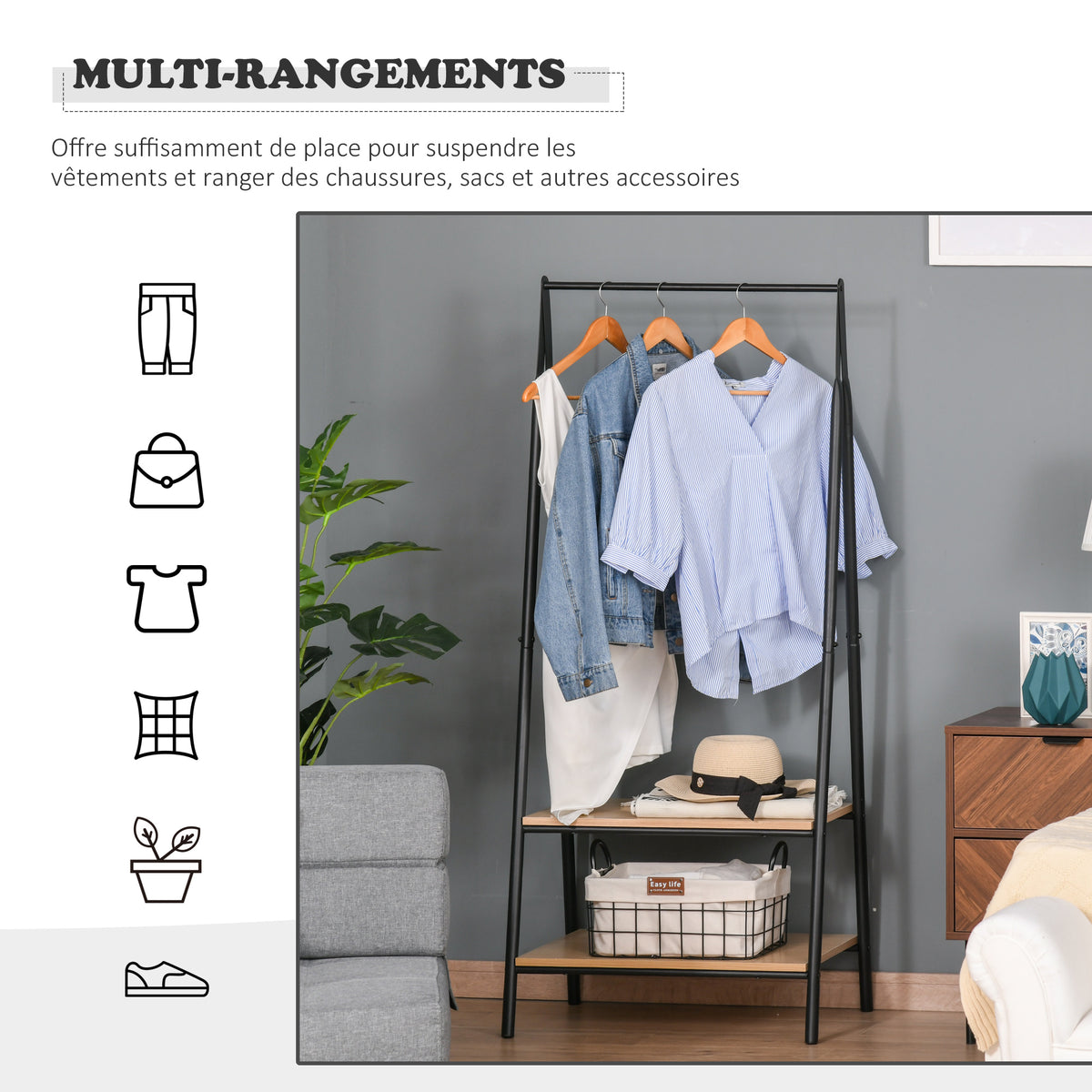 Portant à vêtements penderie style contemporain triangulaire dim. 64L x 43l x 149H cm 2 étagères MDF bois clair acier noir-4