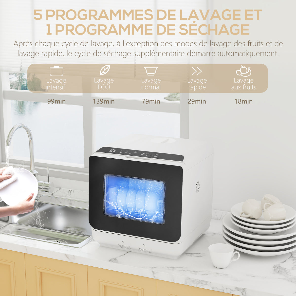 Mini lave-vaisselle compact 4 couverts, lave-vaisselle de table, 6 programmes, commandes tactiles, réservoir 6 L, blanc-4