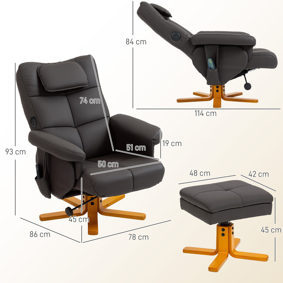Fauteuil massant avec repose-pied, dossier inclinable jusqu'à 135°, coffre de rangement, télécommande-2