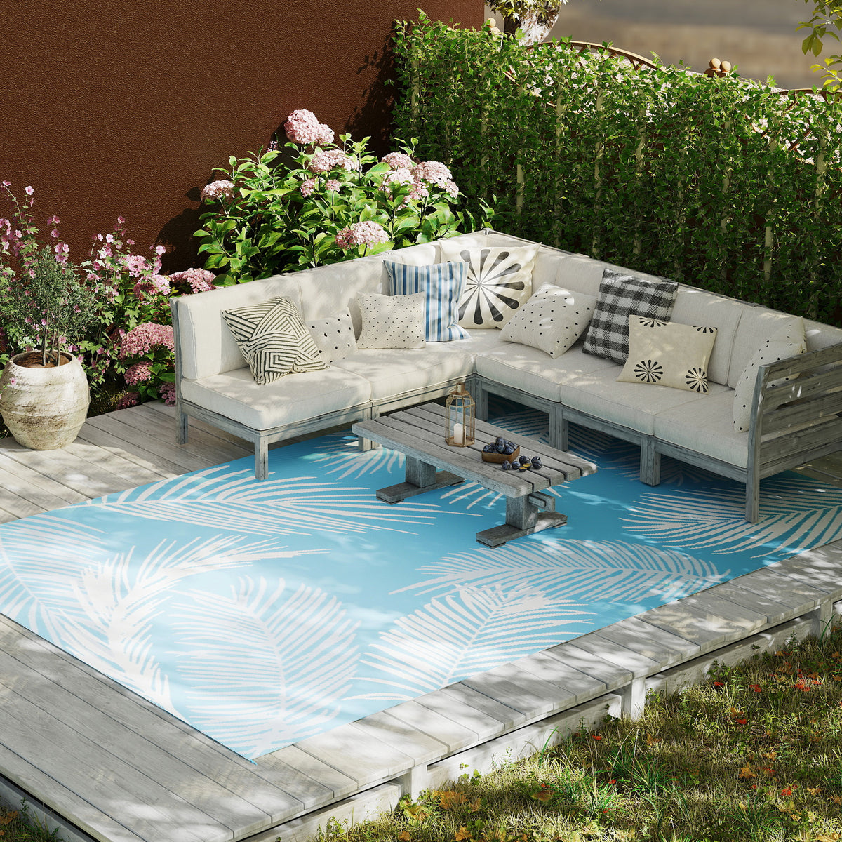 Tapis d'extérieur réversible 274x182 cm, tapis de sol en PP résistant aux intempéries, sac de transport, bleu-8